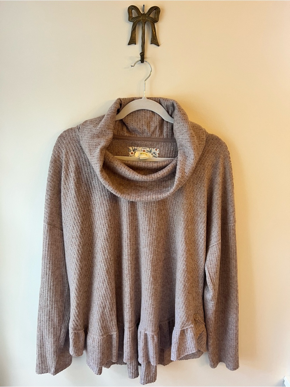 Anthropologie Maeve Taupe Rib Knit Cowl Neck Ruffle Hem Tunic Sweater L Coquette